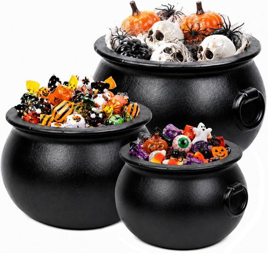 PMU 3 Pcs Halloween Large Cauldron Multipack Assortment (1) 18in, (1) 16in and (1) 10in Trick or Treat Blow Mold Black Plastic Cauldron for Home Decoration and Halloween Party Favors