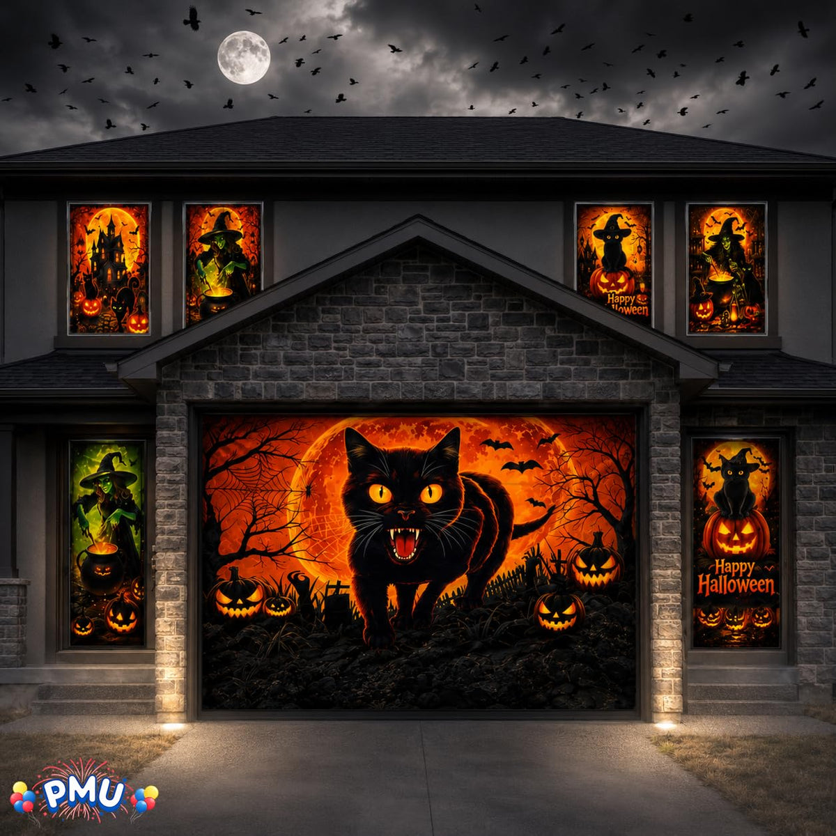 PMU 7 Set Halloween Garage Door Cover Set, 16x7ft, Window & Door Décor