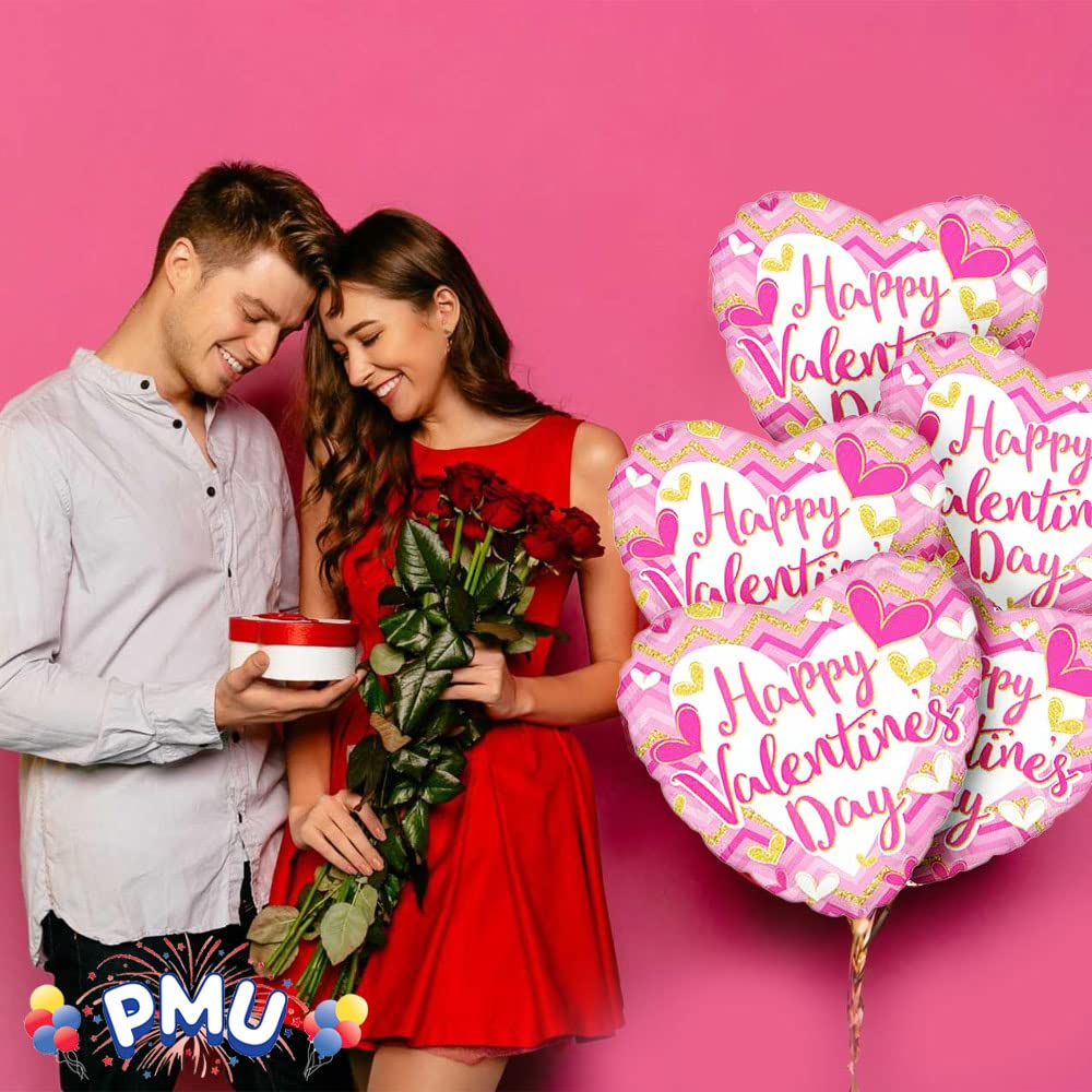 PMU Heart Shaped Happy Valentine's Day Balloons 18-Inch Mylar Idea Gift for Him or Her & Valentine Party Decorations