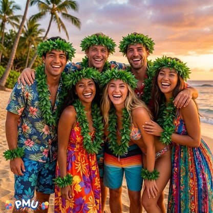 PMU Luau Tropical Fern Leaf Lei Set 4 Pcs Green – Hawaiian Party Costume Accessory with Headpiece, Necklace & Wrist Garlands, Jungle Beach Tiki Luau Wearable Decor for Summer & Fancy Dress
