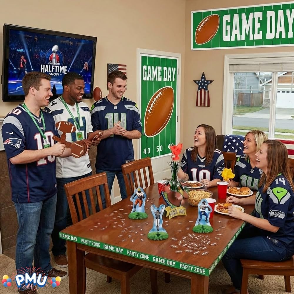 PMU 12 Pcs Football Party Decorations Kit with Centerpiece, Door Cover, Banner, Red & Yellow Flags for Super Game Bowl Party Decoration