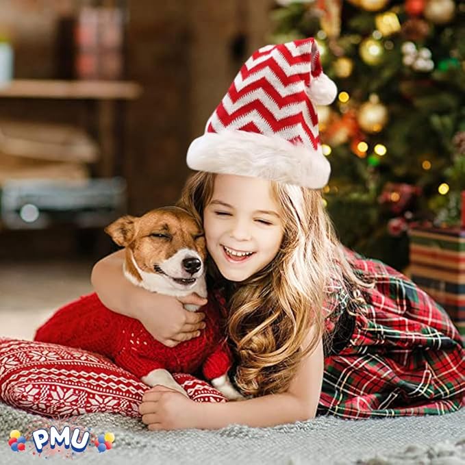 PMU Snowflake Santa Hat Red and White Christmas Hat for Adults, Funny Xmas Costume, Santa's Helper Headwear