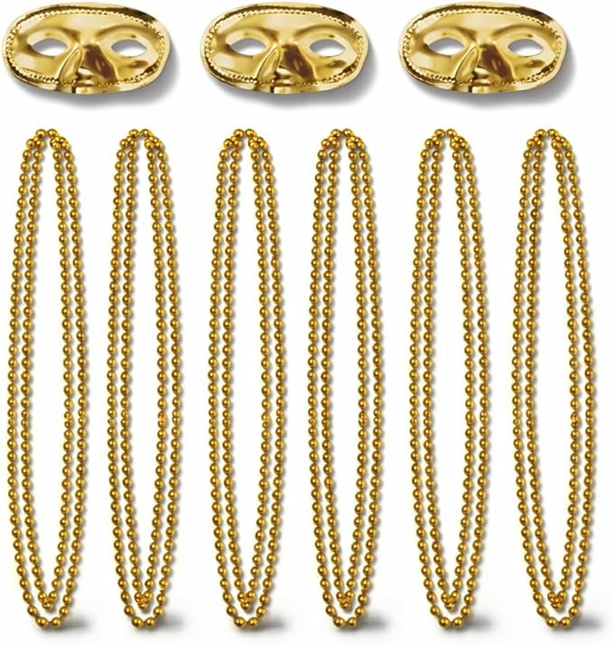 PMU 15-Pc Metallic Mardi Gras Costume Set – 3 Masks & 12 Beads for Men and Women