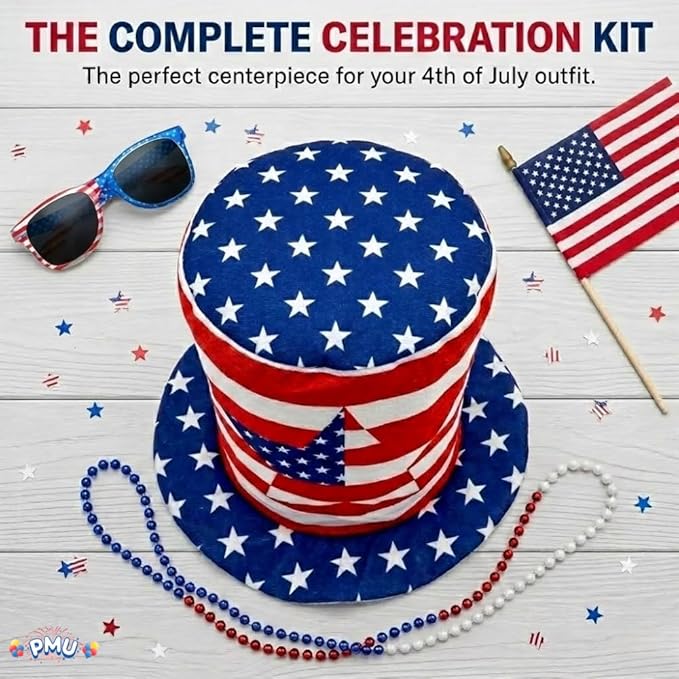 PMU Memorial Day Patriotic Stars & Stripes Top Hat - Red White & Blue Hair Accessory for Women & Men, 4th of July Decoration, Patriotic Accessories for Holidays Veterans & Independence Day