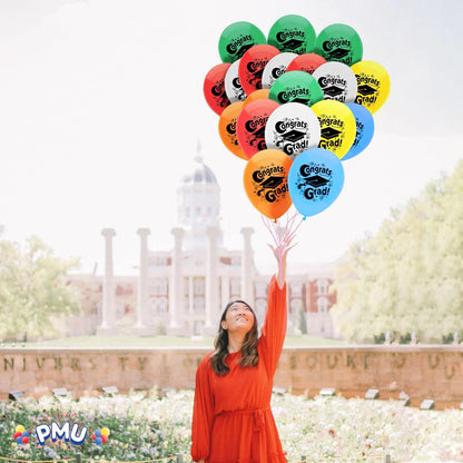 PMU Graduation Balloons | Premium Congrats Grad Balloon with All-Over Print Grad Caps-Confetti and Streamers | Graduation Party Supplies & Decorations | Latex Balloons
