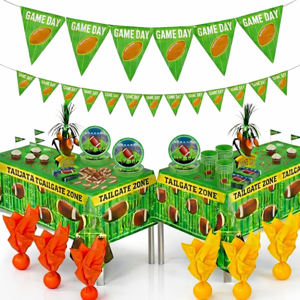 PMU 112 Pcs Football Party Decorations Kit with Plates, Napkins, Cups, Football Centerpiece, Penalty Flag, Banner, Tailgate Zone Tape, Confetti & Tablecloths for Super Game Bowl Party Decoration