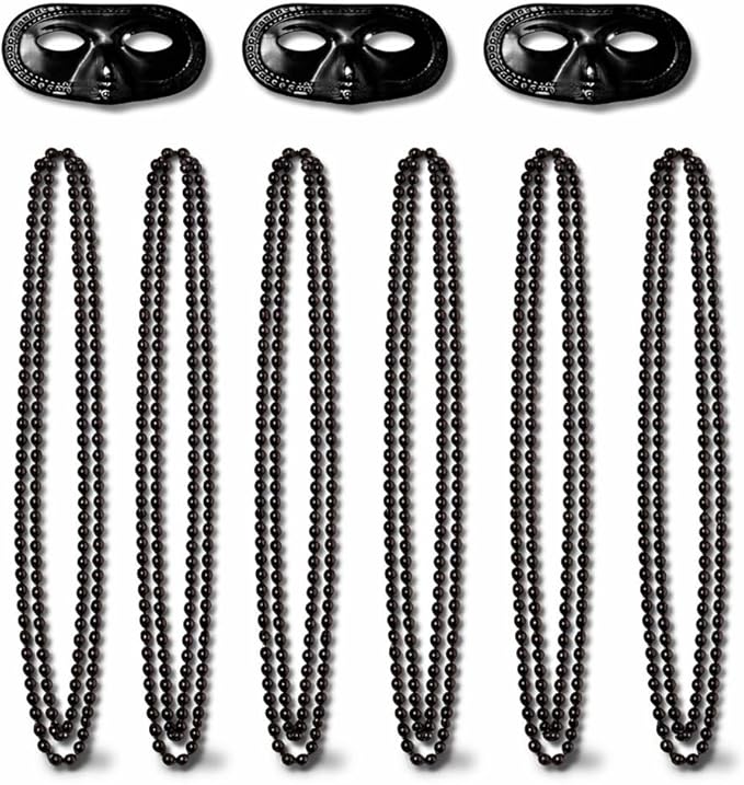 PMU 15-Pc Metallic Mardi Gras Costume Set – 3 Masks & 12 Beads for Men and Women