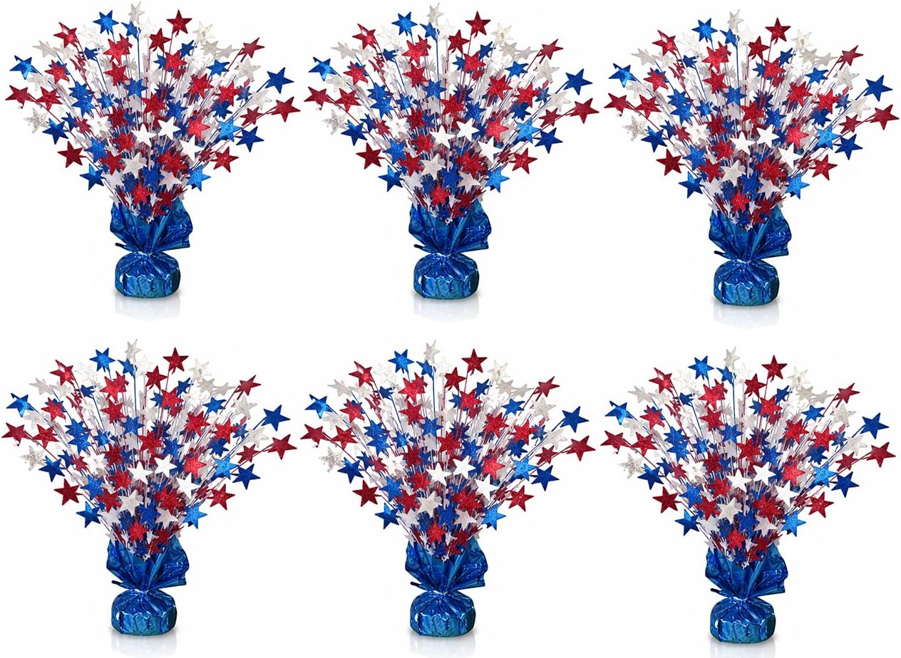 PMU Star Metallic Foil Spray Centerpiece Red White & Blue Patriotic Balloon Weights, 4th of July Decorations 15in / 7.34cm