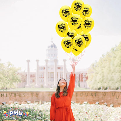 PMU Graduation Balloons | Premium Congrats Grad Balloon with All-Over Print Grad Caps-Confetti and Streamers | Graduation Party Supplies & Decorations | Latex Balloons