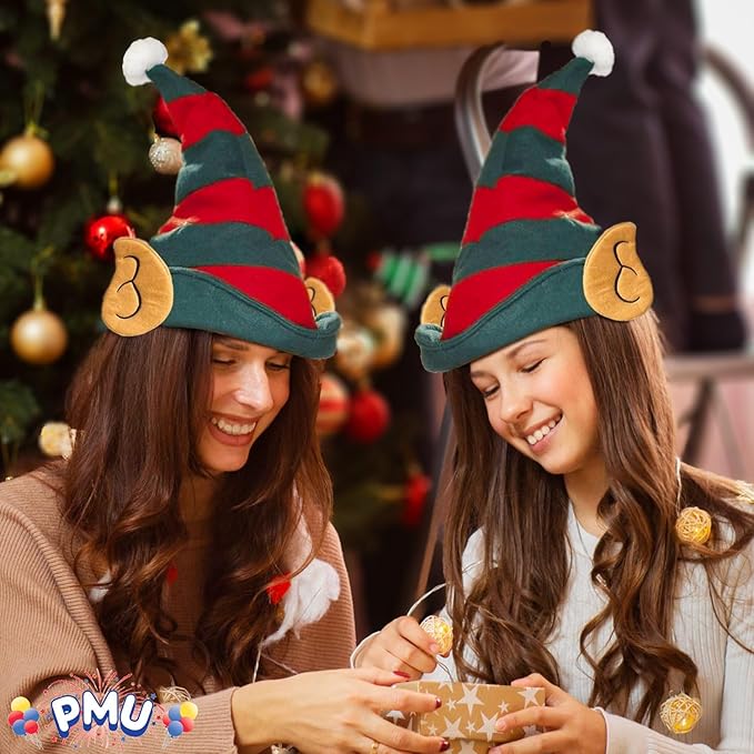 PMU Pc Christmas Elf Hat with Ears Felt Red/Green Stripes - Christmas Elf Outfit, Ugly Xmas Party Headwear