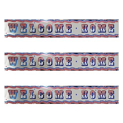 PMU Patriotic Welcome Home Banner Military Sign 3ft x 5in Red, White and Blue Stars and Stripes American Flag Foil Photo Prop Garland for Housewarming Army Deployment Returning Party Decoration (3/Pkg)
