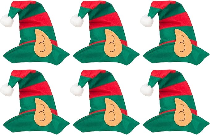 PMU Pc Christmas Elf Hat with Ears Felt Red/Green Stripes - Christmas Elf Outfit, Ugly Xmas Party Headwear