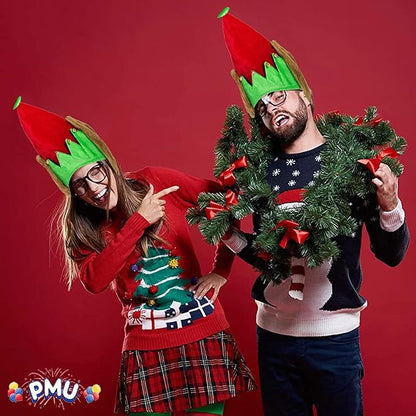 PMU Christmas Velvet Elf Hat w/Bells and Fur Ears Red and Green Hats for Adults, Kids, Caps Costume, Party Accessories