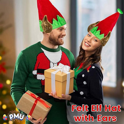 PMU Christmas Velvet Elf Hat w/Bells and Fur Ears Red and Green Hats for Adults, Kids, Caps Costume, Party Accessories
