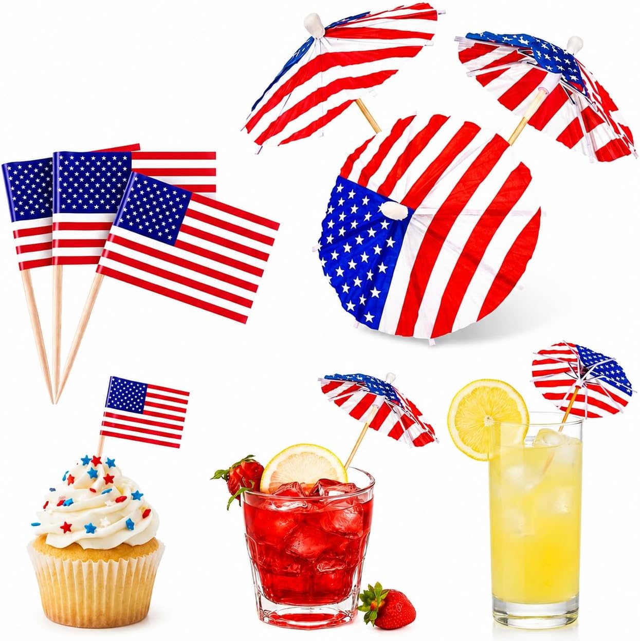 PMU Patriotic American Flag Party Picks & Drink Umbrellas – 4th of July Cupcake Toppers, Toothpick Flags, Cocktail Picks & Memorial Day Party Decorations