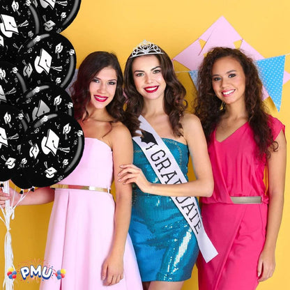 PMU Graduation Balloons | Premium Congrats Grad Balloon with All-Over Print Grad Caps-Confetti and Streamers | Graduation Party Supplies & Decorations | Latex Balloons