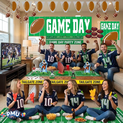 PMU 35 Pcs Football Party Decorations Kit Flags, Centerpieces, Banners, Table Runner, Door Cover, Garland & Tailgate Tape for Super Game Bowl Party