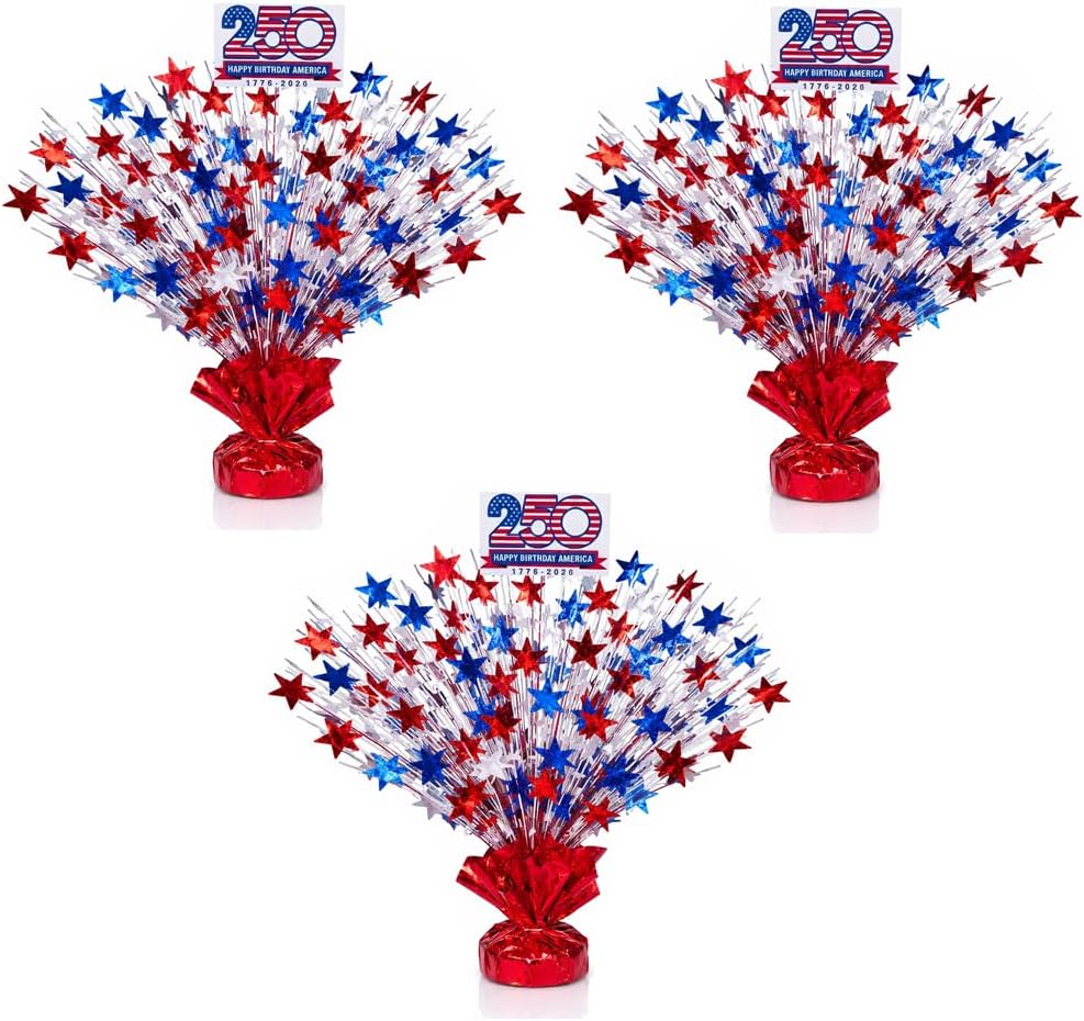 PMU Star Metallic Foil Spray Centerpiece Red White & Blue Patriotic Balloon Weights, 4th of July Decorations 15in / 7.34cm