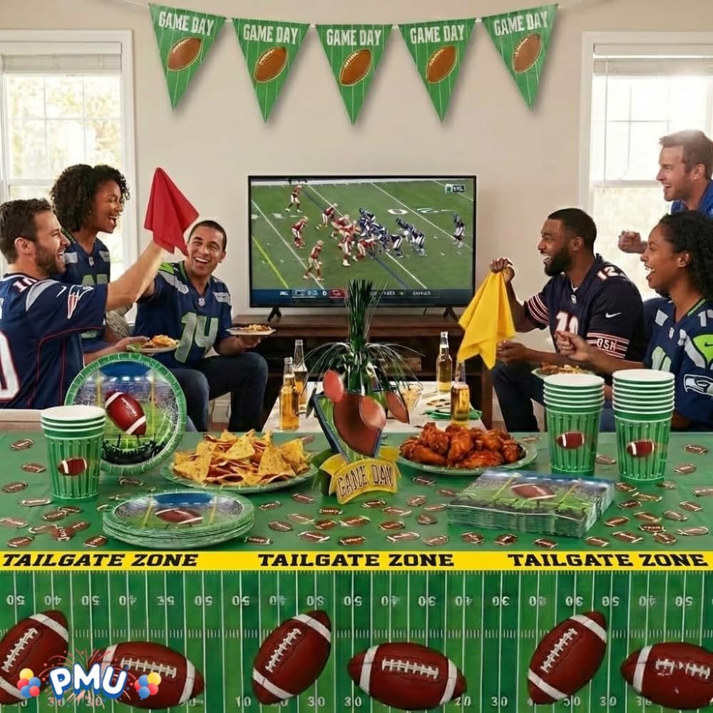 PMU 39 Pcs Football Party Decorations Kit with Plates, Napkins, Cups, Football Centerpiece, Penalty Flag, Banner, Tailgate Zone Tape, Confetti & Tablecloths for Super Game Bowl Party Decoration