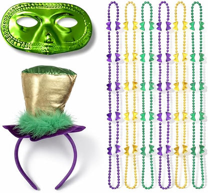 PMU Mardi Gras Party set Headband, Masks & Beads Festive Costume Set for Mardi Gras Themed Party