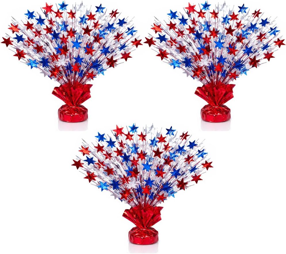 PMU Star Metallic Foil Spray Centerpiece Red White & Blue Patriotic Balloon Weights, 4th of July Decorations 15in / 7.34cm