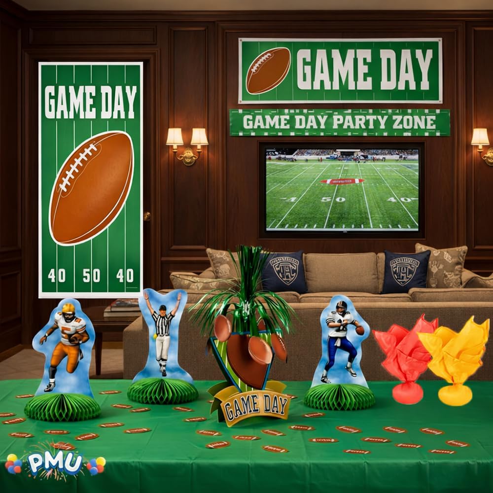 PMU 12 Pcs Football Party Decorations Kit with Centerpiece, Door Cover, Banner, Red & Yellow Flags for Super Game Bowl Party Decoration