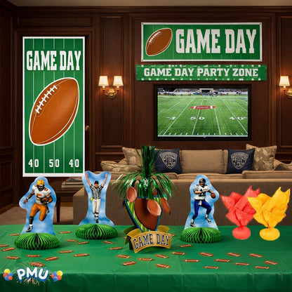 PMU 12 Pcs Football Party Decorations Kit with Centerpiece, Door Cover, Banner, Red & Yellow Flags for Super Game Bowl Party Decoration