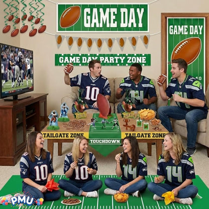 PMU 35 Pcs Football Party Decorations Kit Flags, Centerpieces, Banners, Table Runner, Door Cover, Garland & Tailgate Tape for Super Game Bowl Party