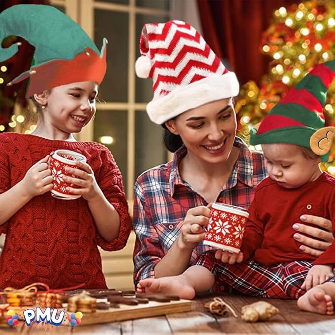 PMU Snowflake Santa Hat Red and White Christmas Hat for Adults, Funny Xmas Costume, Santa's Helper Headwear