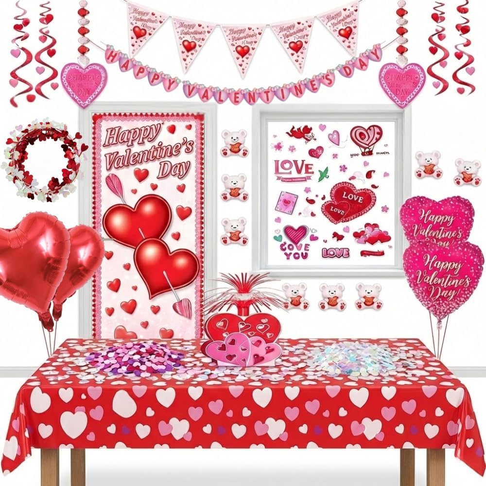 PMU Valentine’s Day Party Decorations Kit Love Decoration Centerpiece, Fringe Banner, Door Cover, Hearts & Cupid Clings, Cutouts For Valentines Room Décor