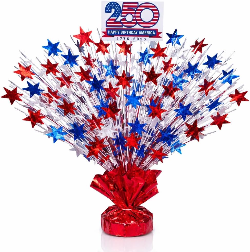 PMU Star Metallic Foil Spray Centerpiece Red White & Blue Patriotic Balloon Weights, 4th of July Decorations 15in / 7.34cm