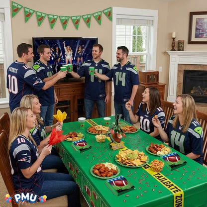 PMU 39 Pcs Football Party Decorations Kit with Plates, Napkins, Cups, Football Centerpiece, Penalty Flag, Banner, Tailgate Zone Tape, Confetti & Tablecloths for Super Game Bowl Party Decoration