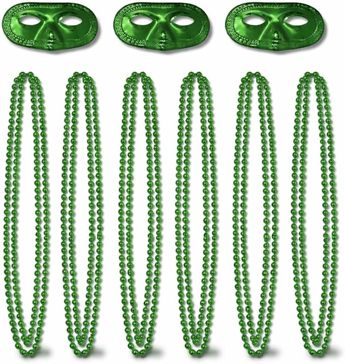 PMU 15-Pc Metallic Mardi Gras Costume Set – 3 Masks & 12 Beads for Men and Women