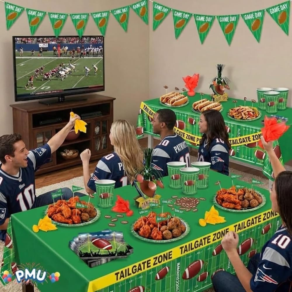 PMU 112 Pcs Football Party Decorations Kit with Plates, Napkins, Cups, Football Centerpiece, Penalty Flag, Banner, Tailgate Zone Tape, Confetti & Tablecloths for Super Game Bowl Party Decoration