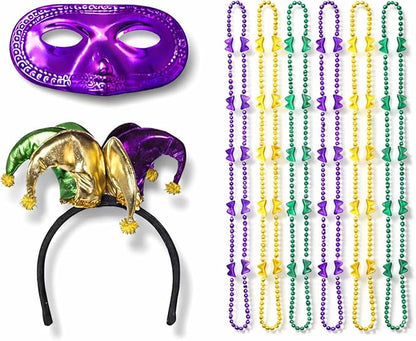 PMU Mardi Gras Party set Headband, Masks & Beads Festive Costume Set for Mardi Gras Themed Party