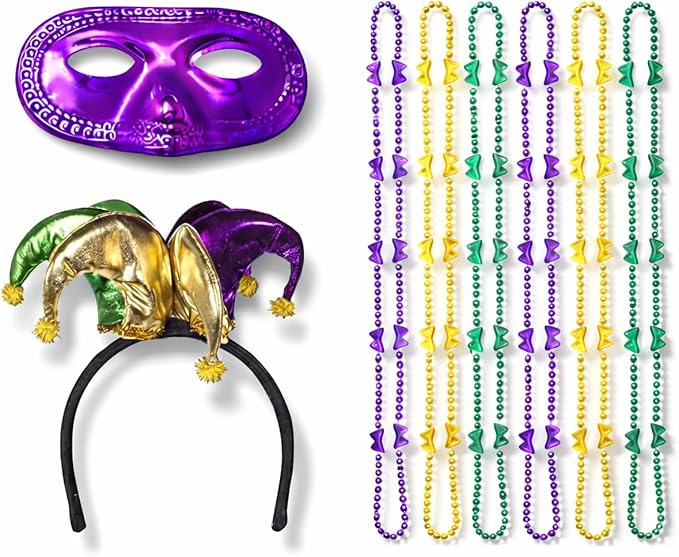 PMU Mardi Gras Party set Headband, Masks & Beads Festive Costume Set for Mardi Gras Themed Party