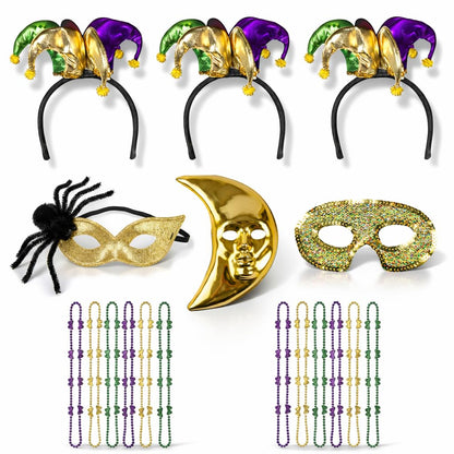 PMU Mardi Gras Party set Headband, Masks & Beads Festive Costume Set for Mardi Gras Themed Party