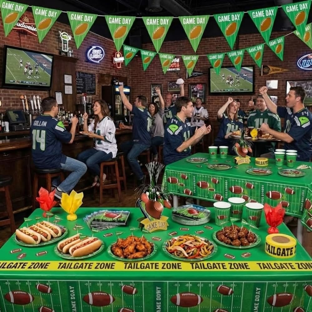 PMU 112 Pcs Football Party Decorations Kit with Plates, Napkins, Cups, Football Centerpiece, Penalty Flag, Banner, Tailgate Zone Tape, Confetti & Tablecloths for Super Game Bowl Party Decoration