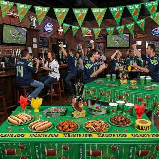 PMU 112 Pcs Football Party Decorations Kit with Plates, Napkins, Cups, Football Centerpiece, Penalty Flag, Banner, Tailgate Zone Tape, Confetti & Tablecloths for Super Game Bowl Party Decoration