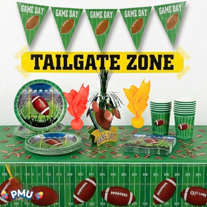 PMU 39 Pcs Football Party Decorations Kit with Plates, Napkins, Cups, Football Centerpiece, Penalty Flag, Banner, Tailgate Zone Tape, Confetti & Tablecloths for Super Game Bowl Party Decoration