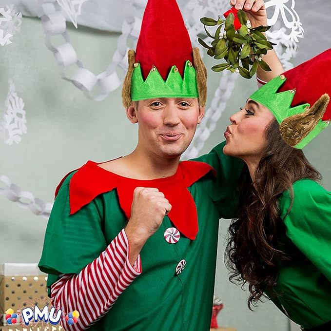 PMU Christmas Velvet Elf Hat w/Bells and Fur Ears Red and Green Hats for Adults, Kids, Caps Costume, Party Accessories