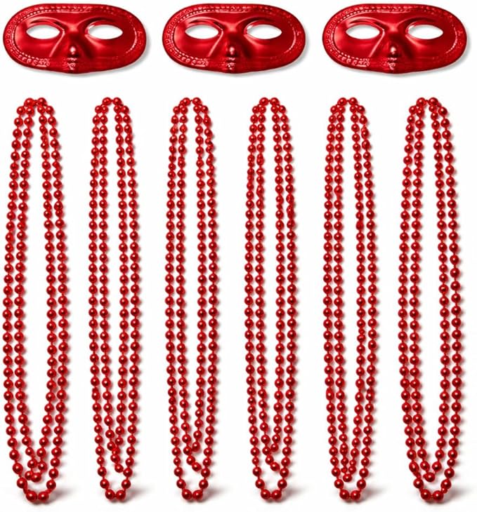 PMU 15-Pc Metallic Mardi Gras Costume Set – 3 Masks & 12 Beads for Men and Women