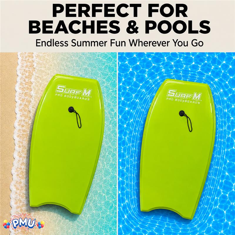 PMU 33 Inch Printed Bodyboard - Lightweight Wrist Leash Slick Bottom Boogie Board for Beach, Sea & Pool - Surfing Board for Kids, Teens & Adults Wave Conditions Pkg/1