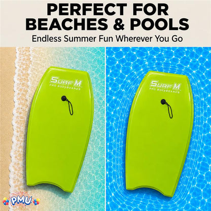 PMU 33 Inch Printed Bodyboard - Lightweight Wrist Leash Slick Bottom Boogie Board for Beach, Sea & Pool - Surfing Board for Kids, Teens & Adults Wave Conditions Pkg/1