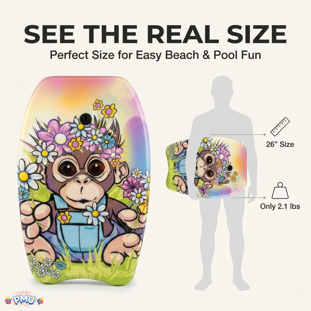 PMU 26 Inch Graphics Printed Bodyboard - Lightweight Wrist Leash Slick Bottom Boogie Board for Beach, Sea & Pool - Surfing Board for Kids, Teens & Adults Wave Conditions  Pkg/1