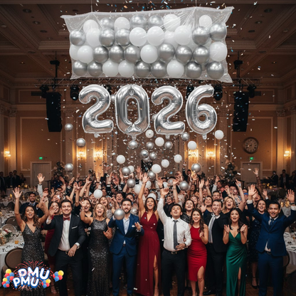 PMU New Year's Eve Party Balloon Drop Kit (100pcs Assorted 9in and 5in Balloons with Hand Pump) 4pcs "2026" 40in Gold Mylar Balloons 1 Set Assortment