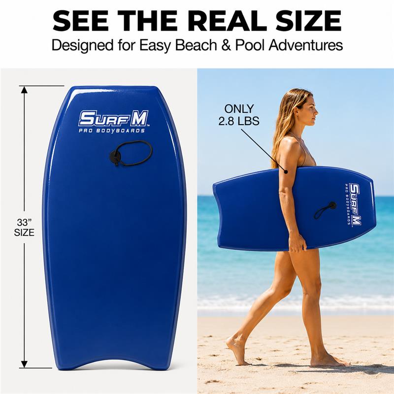PMU 33 Inch Printed Bodyboard - Lightweight Wrist Leash Slick Bottom Boogie Board for Beach, Sea & Pool - Surfing Board for Kids, Teens & Adults Wave Conditions Pkg/1