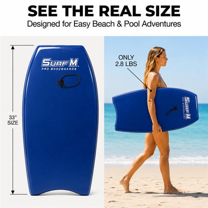 PMU 33 Inch Printed Bodyboard - Lightweight Wrist Leash Slick Bottom Boogie Board for Beach, Sea & Pool - Surfing Board for Kids, Teens & Adults Wave Conditions Pkg/1