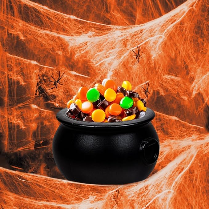 PMU Halloween 2pc Multi Pack 8in Black Plastic Cauldron with Orange Spider Web (1) 8in 55280-NHS (1) 61237 (2/pkg) Pkg/1