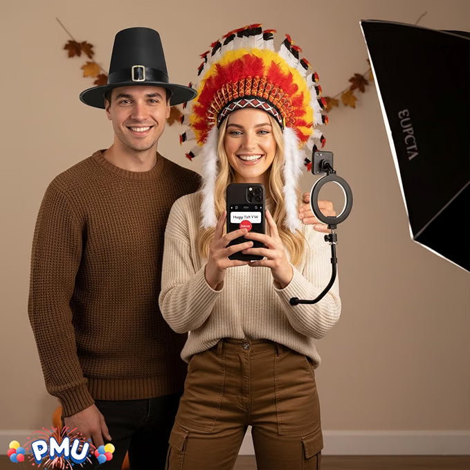 Thanksgiving Black Top Pilgrim Man Hat with Silver Buckle and Big Chief Feather Headdress Native American Indian Hat Party Costume Set for Men and Women